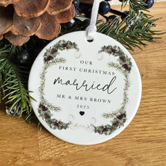 Personalised Our First Christmas Married Ceramic Ornament Gift for Wife Husband Custom Newlywed Decoration Keepsake