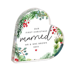 Personalised Our First Christmas Married Gift – Acrylic Heart Plaque – Newlywed Couple Keepsake for Wife