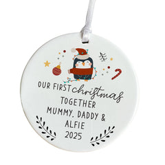 Personalised Our First Christmas Together Gift for Couple Husband Wife Penguin Ceramic Ornament Custom Family Name Tree Decor