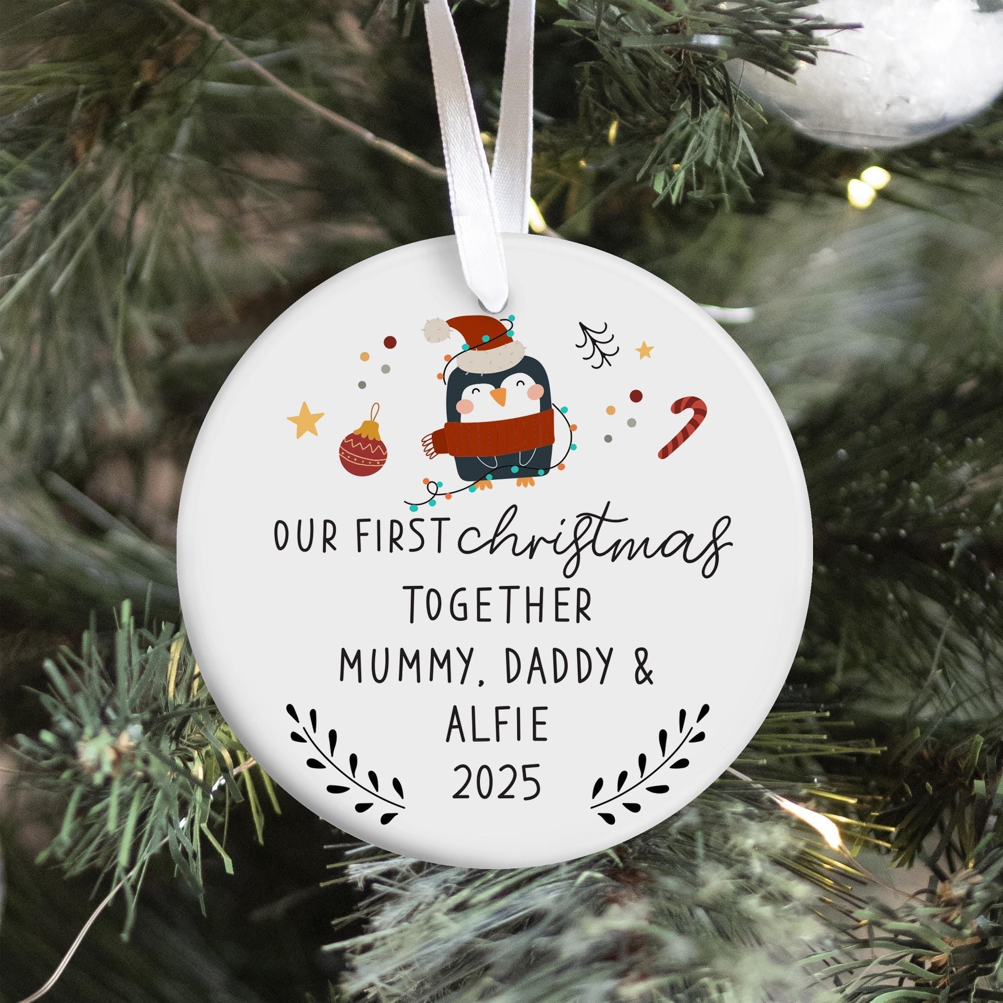 Personalised Our First Christmas Together Gift for Couple Husband Wife Penguin Ceramic Ornament Custom Family Name Tree Decor