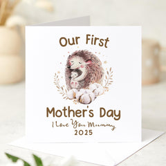 Personalised Our First Mother's Day Card New Mum 1st Mothers Day Gift from Baby Custom Name Hedgehog Mummy and Baby Keepsake Card for Mum