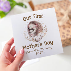 Personalised Our First Mother's Day Card New Mum 1st Mothers Day Gift from Baby Custom Name Hedgehog Mummy and Baby Keepsake Card for Mum