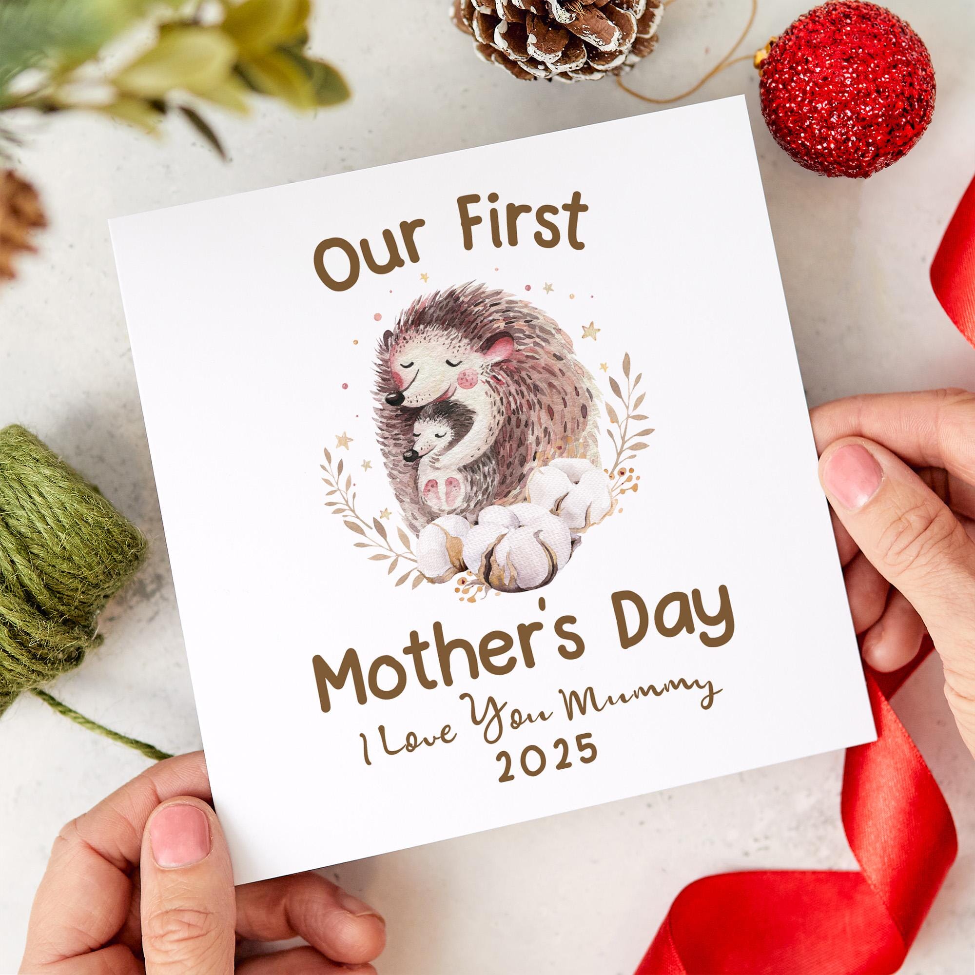 Personalised Our First Mother's Day Card New Mum 1st Mothers Day Gift from Baby Custom Name Hedgehog Mummy and Baby Keepsake Card for Mum