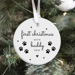 Personalised Pet First Christmas Ornament Gift for Dog, Cat Lover Custom Name Keepsake with Paw Prints