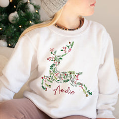 Personalised Reindeer Christmas Jumper With Flowers Name Unisex Kids Size Jumper Day