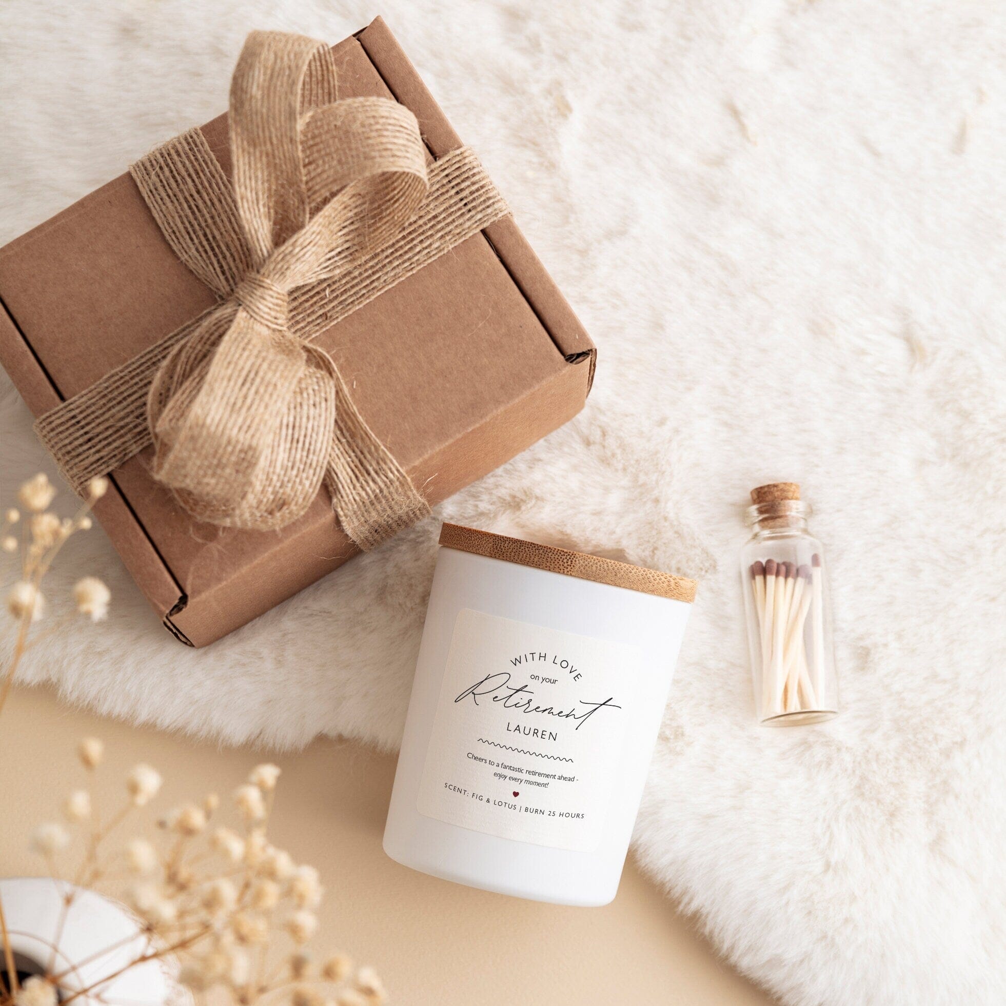 Personalised Retirement Scented Candle Free Gift Package Happy