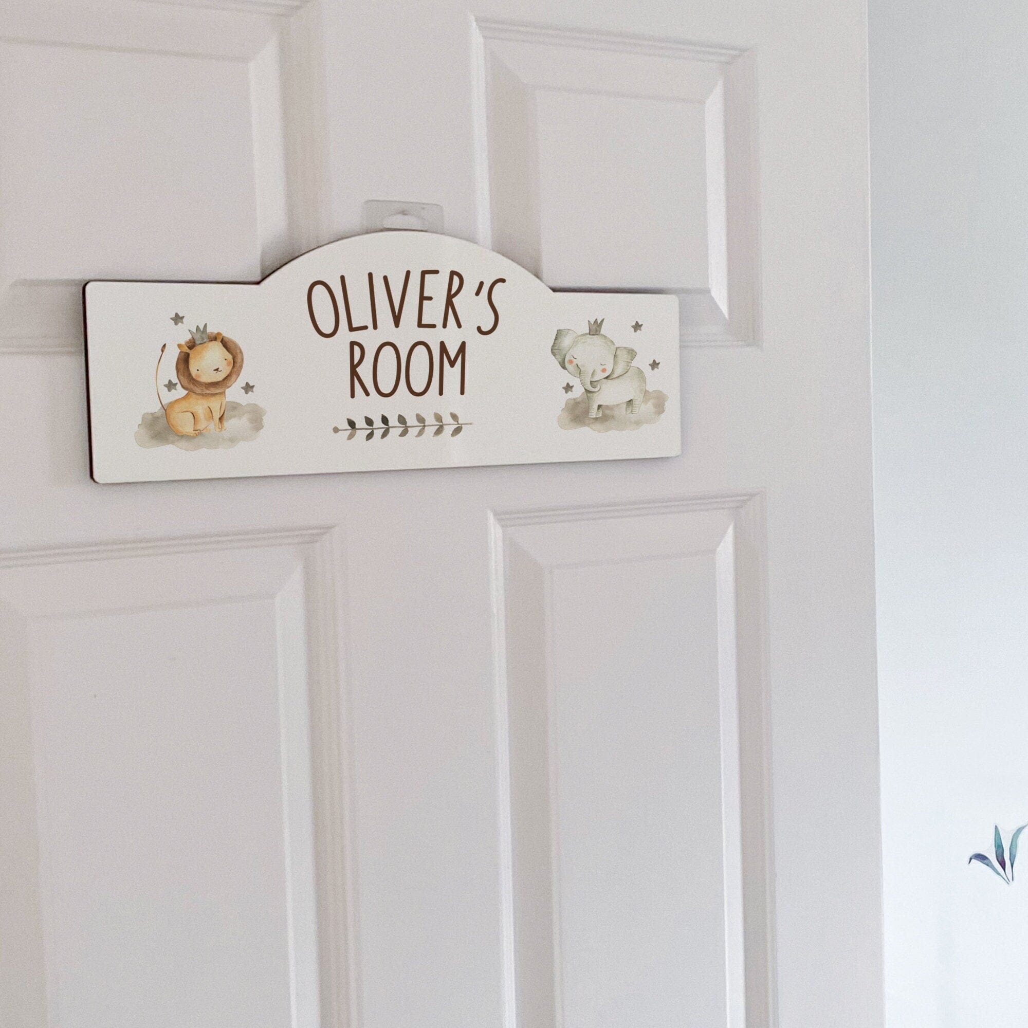 Personalised Room Sign With Childs Name, Safari Animal Lion Elephant Theme New Baby Room Decor Plaque, Toddler Nursery