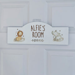 Personalised Room Sign With Childs Name, Safari Animal Lion Elephant Theme New Baby Room Decor Plaque, Toddler Nursery