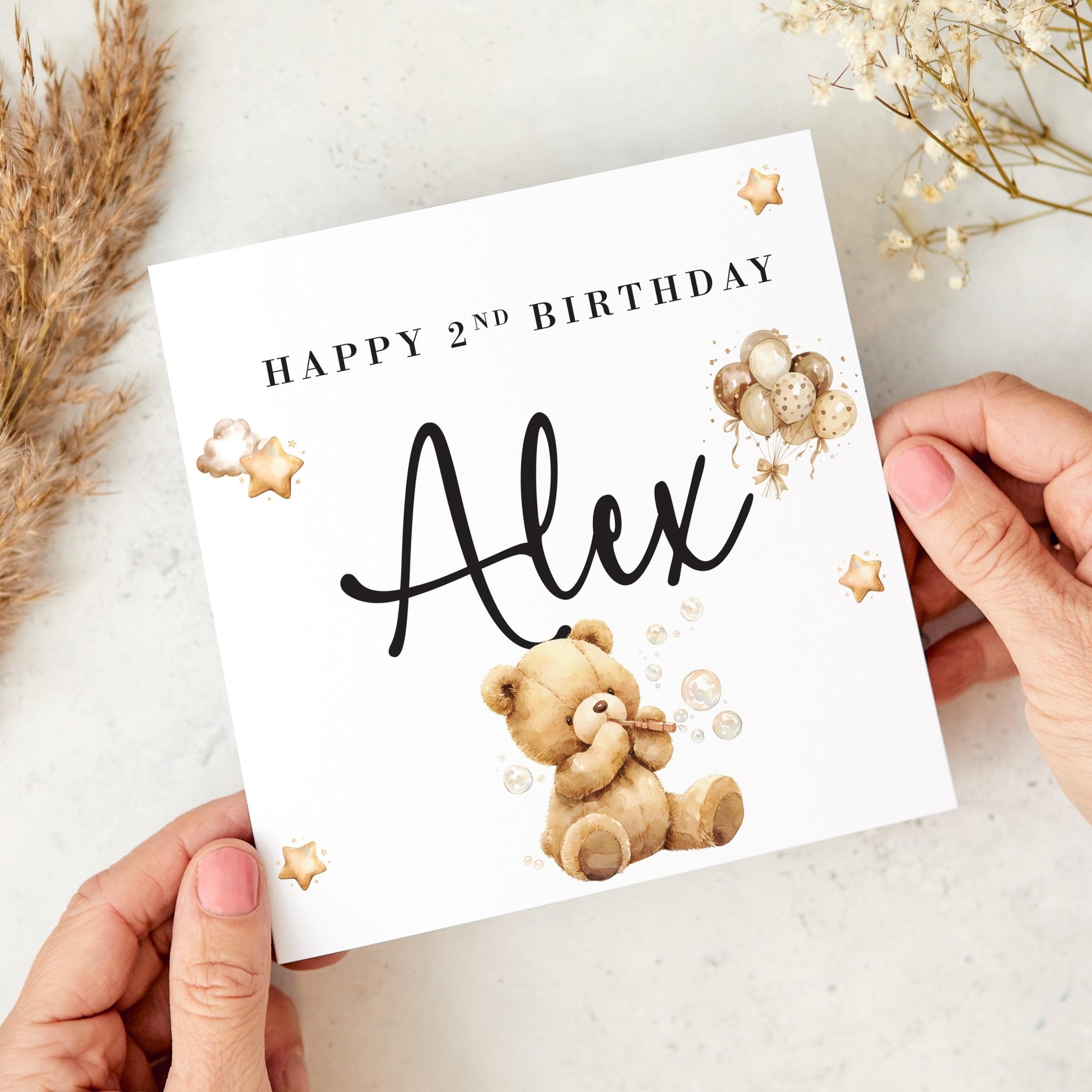 Personalised Second Birthday Card for Boy Girl Son Daughter Nephew Niece Godson 2nd Birthday Cute Teddy Bear Design Keepsake for Toddler