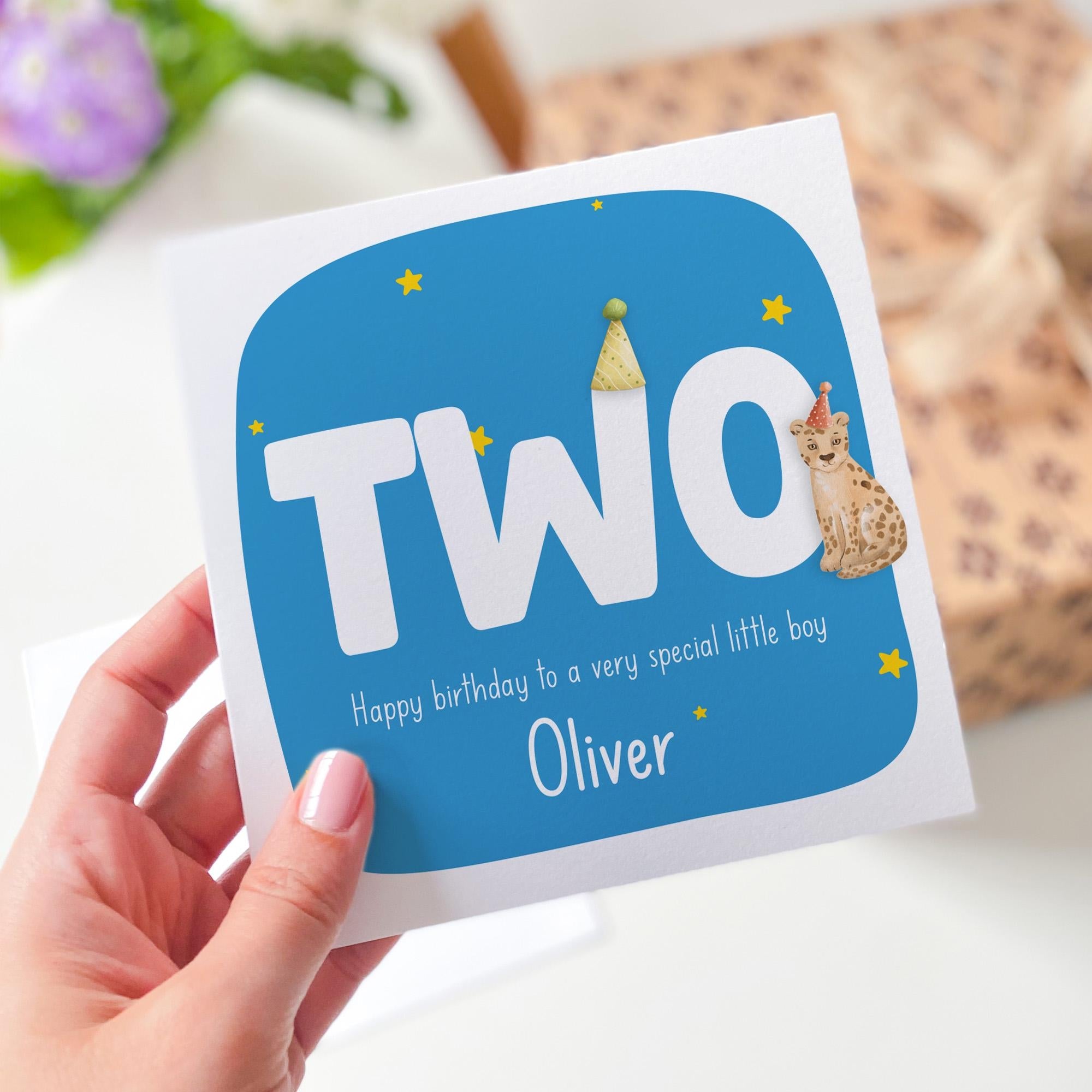 Personalised Second Birthday Card for Boy Name Animal Theme 2nd Birthday Keepsake Card for Son Grandson or Nephew Turning Two I am Two