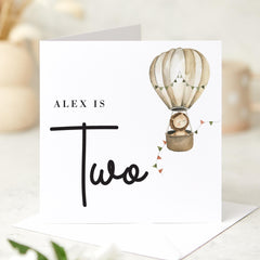 Personalised Second Birthday Card for Boys or Girls Custom Name and Age 2nd Hot Air Balloon and Lion Adorable Keepsake for Toddlers Nephew