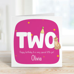 Personalised Second Birthday Card for Girl Name Animal 2nd Birthday Keepsake Card for Daughter Granddaughter or Niece Turning Two I am Two