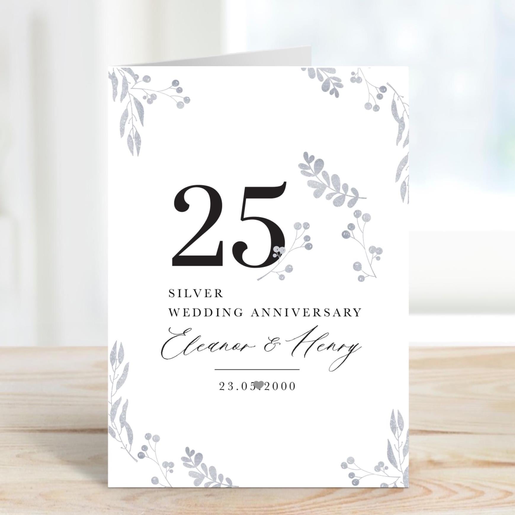 Personalised Silver Wedding Anniversary Card 25th Anniversary Elegant Couple Card Custom Name and Date Keepsake for Husband or Wife