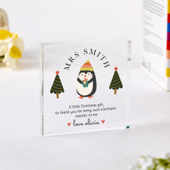Personalised Teacher Christmas Acrylic Gift – Cute Penguin Design – Festive Thank You Keepsake for Teacher or Teaching Assistant from Child