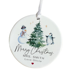 Personalised Teacher Christmas Tree Decoration– Snowman & Penguin Design Ornament – Festive Gift from Child or Class