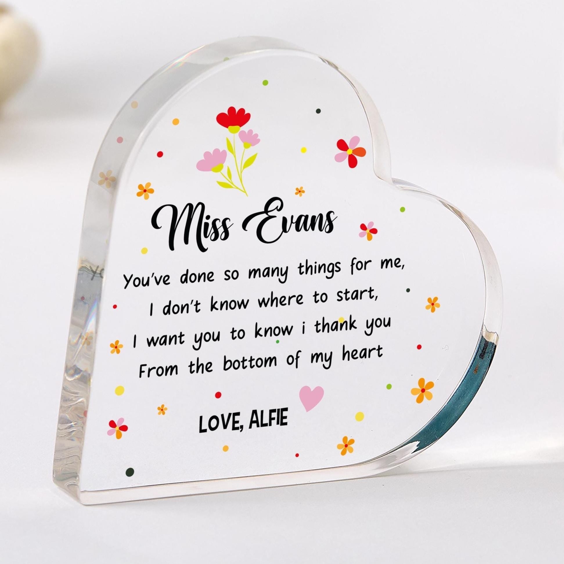Personalised Teacher Gift Heart Plaque Thank You Keepsake from Child for Nursery, Primary School Staff Christmas End of Term Present