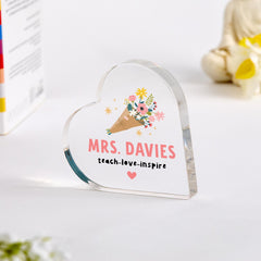 Personalised Teacher Heart Acrylic Keepsake Gift Thank You End of Term Present for Teacher Assistant Mentor Nursery or Classroom Hero