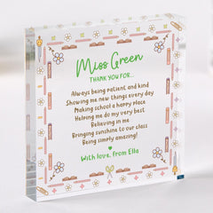 Personalised Teacher Poem Acrylic Plaque Gift Thank You Keepsake for Nursery Primary End of Term Christmas Teacher's Appreciation