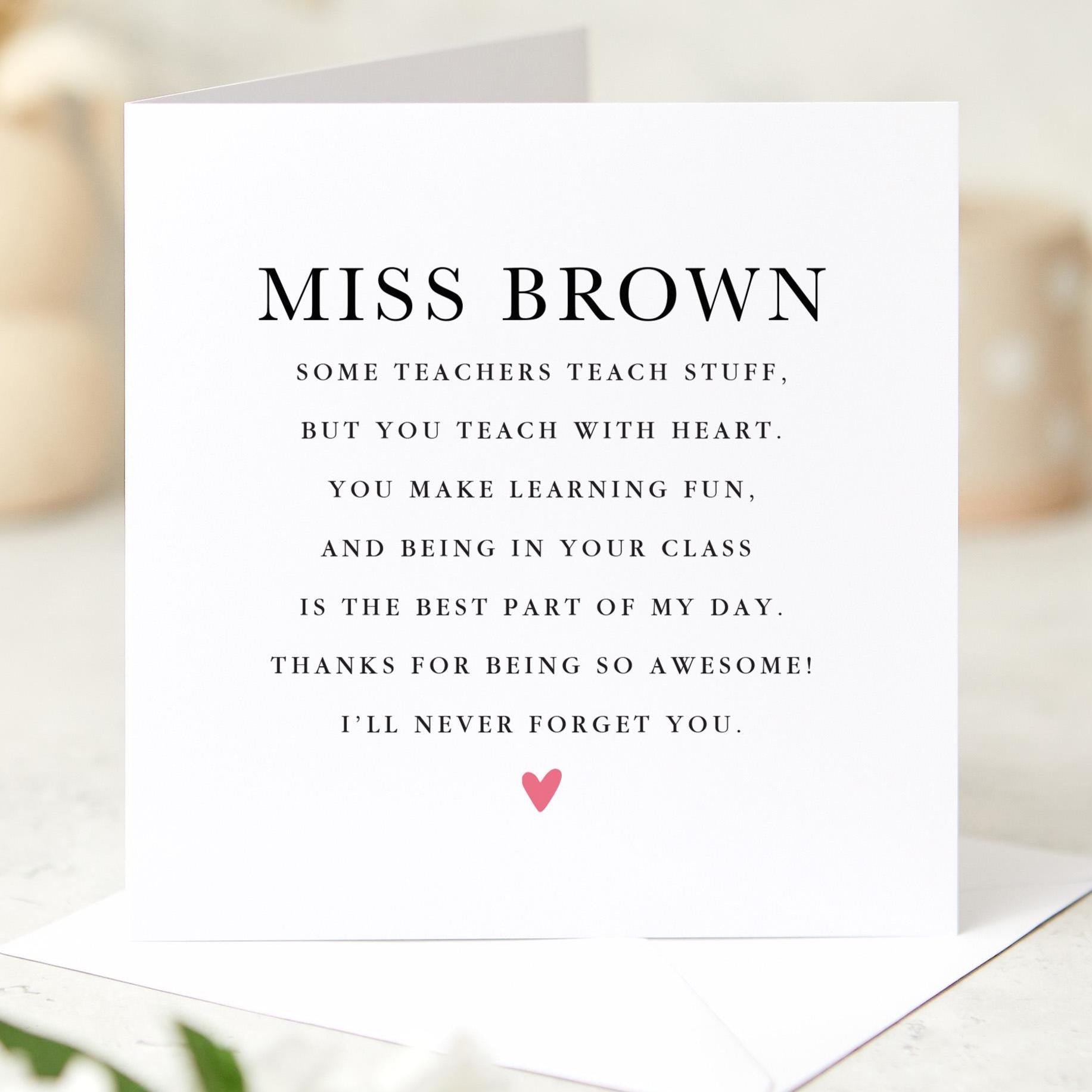 Personalised Teacher Thank You Card Name Poem Design End of Term or Year Gift from Pupil Heartfelt Appreciation Primary Nursery Secondary