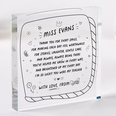 Personalised Teacher Thank You Gift Acrylic Plaque Monochrome Acrylic Keepsake for Nursery, Primary or Secondary from Child or Class