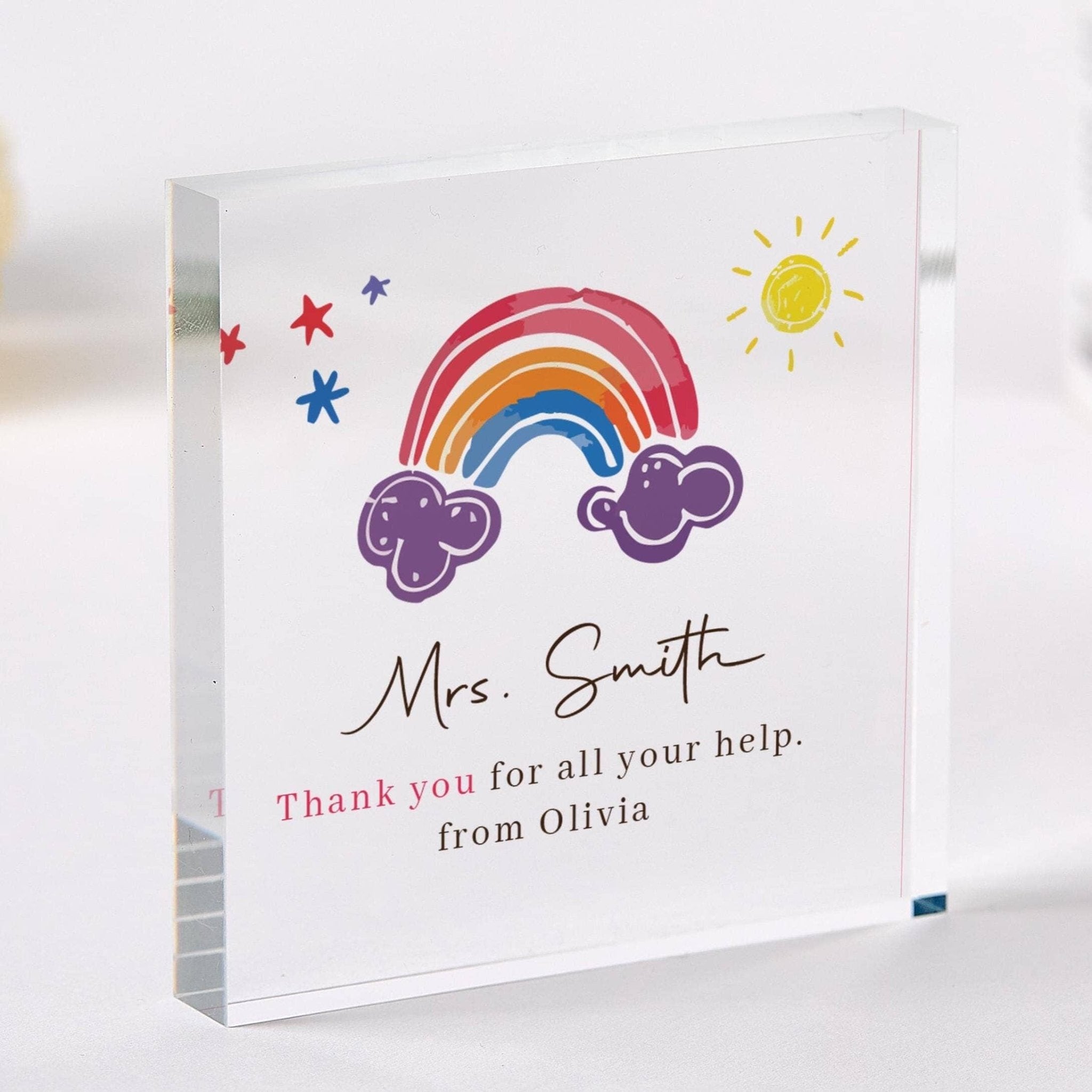 Personalised teacher thank you gift Rainbow design acrylic plaque End of term gift from Student to show appreciation for primary teacher