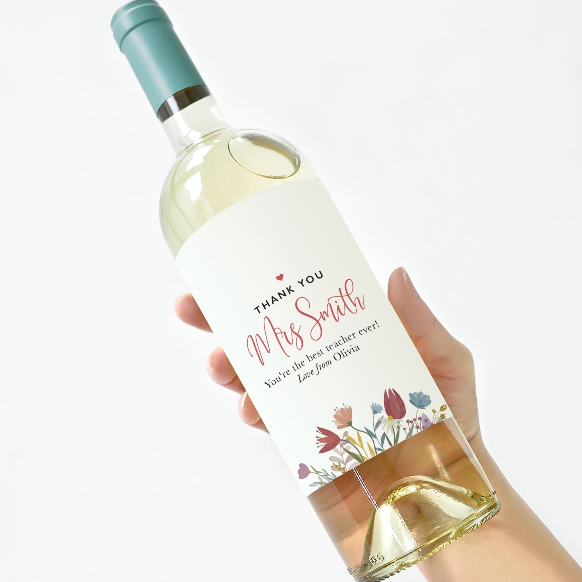 Personalised Teacher Thank You Gift Wine Label End of Term Teacher Gift Name and Message Floral Bottle Sticker for Teacher Appreciation