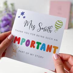 Personalised Thank You Card for Teacher with Last Name Mentor or Friend Colourful ‘Important Part of My Story’ Appreciation Card for Her Him