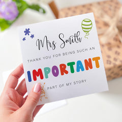 Personalised Thank You Card for Teacher with Last Name Mentor or Friend Colourful ‘Important Part of My Story’ Appreciation Card for Her Him