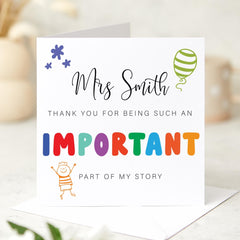 Personalised Thank You Card for Teacher with Last Name Mentor or Friend Colourful ‘Important Part of My Story’ Appreciation Card for Her Him