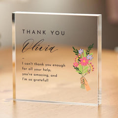Personalised Thank You Gift Acrylic Plaque Custom Name Keepsake with Message & Flowers Appreciation Gift for Her or Him Teacher Doctor Nurse