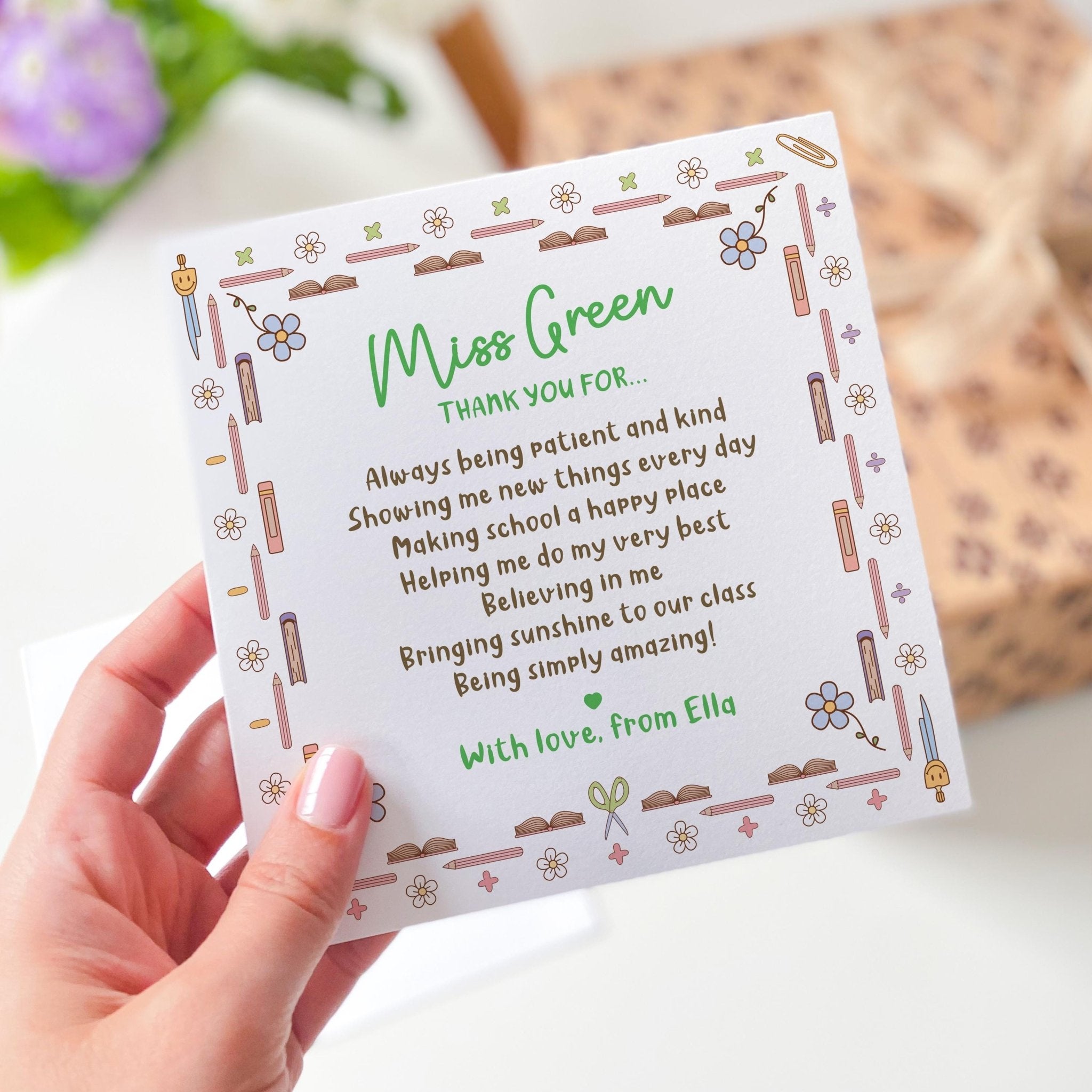 Personalised Thank You Teacher Card from Child – End of Term or Teacher’s Day Card – Custom Name Keepsake for Primary Nursery Reception