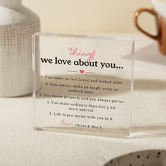Personalised 'Things I Love About You' Acrylic Block – Custom Name Gift for Friend