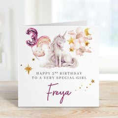 Personalised Unicorn 3rd Birthday Card Special Girl Custom Name Keepsake Card for Granddaughter Daughter or Niece I am Three Third Birthday