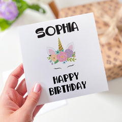 Personalised Unicorn Birthday Card for Girl Cute Floral Unicorn Design Custom Name Card for Daughter Sister Niece Granddaughter 6th 7th 8th