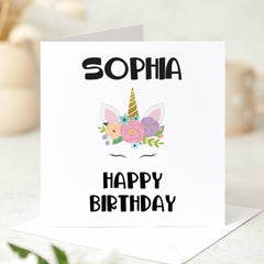 Personalised Unicorn Birthday Card for Girl Cute Floral Unicorn Design Custom Name Card for Daughter Sister Niece Granddaughter 6th 7th 8th
