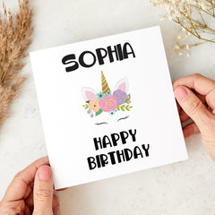 Personalised Unicorn Birthday Card for Girl Cute Floral Unicorn Design Custom Name Card for Daughter Sister Niece Granddaughter 6th 7th 8th
