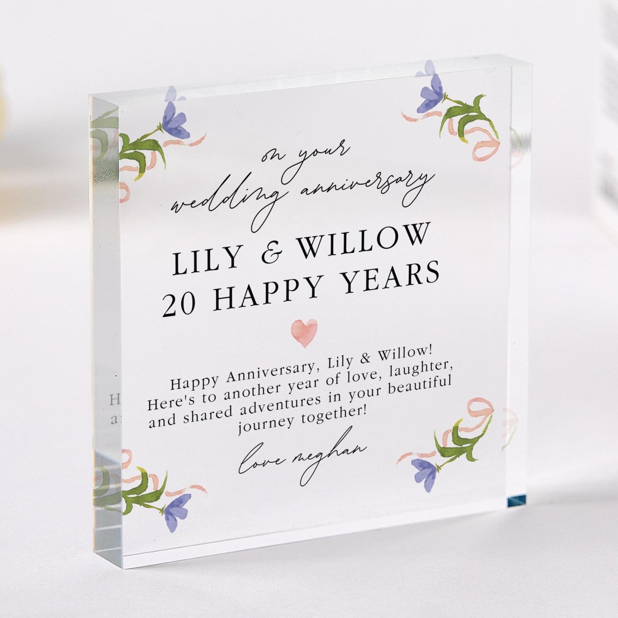 Personalised Wedding Anniversary Heart Shaped Acrylic Plaque Custom Keepsake Names Date Your Text Elegant Floral Anniversary