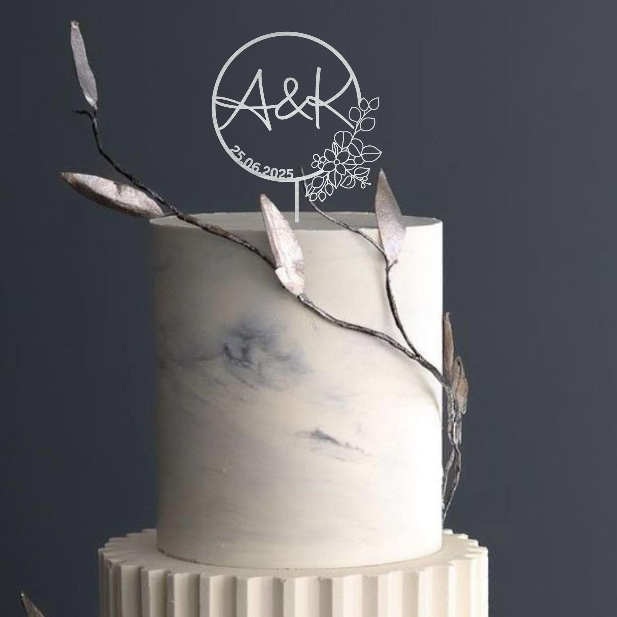Personalised Wedding Cake Topper, Custom Initials & Date, Rustic Floral ...