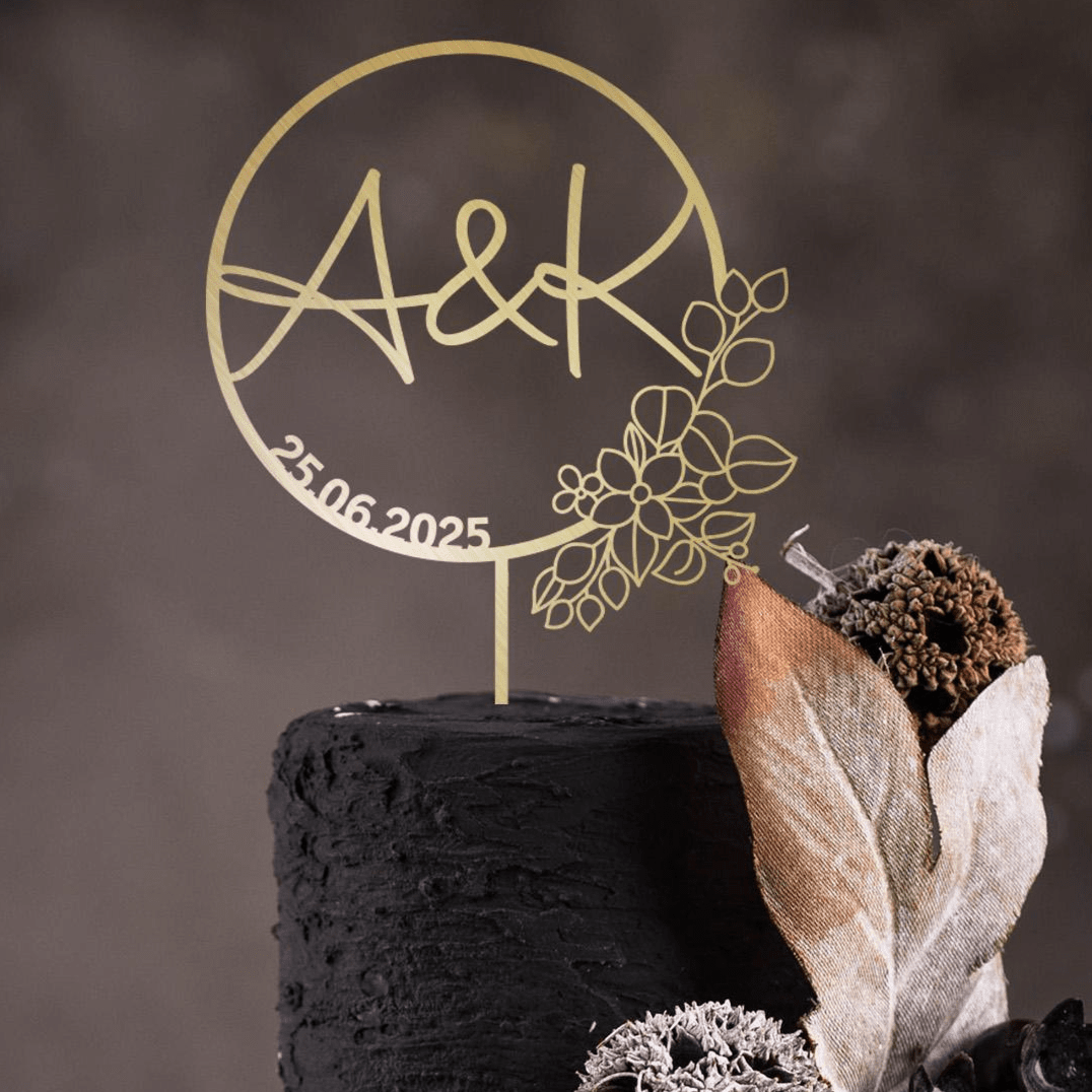 Personalised Wedding Cake Topper, Custom Initials & Date, Rustic Floral Engagement, Wooden Gold Silver Rose Gold Black