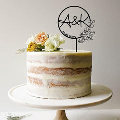 Personalised Wedding Cake Topper, Custom Initials & Date, Rustic Floral Engagement, Wooden Gold Silver Rose Gold Black