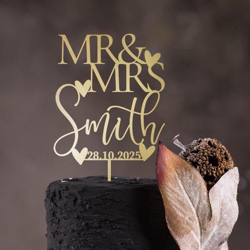 Personalised Wedding Cake Topper Mr & Mrs Custom Name, Rustic Bridal Shower Engagement, Wooden Gold Silver Rose Black