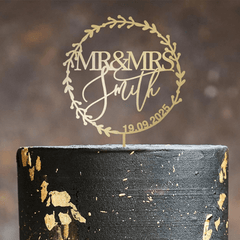 Personalised Wedding Cake Topper Mr & Mrs Last Name & Date, Rustic Bridal Shower Floral, Wooden Gold Silver Rose Black