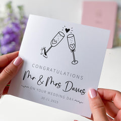 Personalised Wedding Card for Bride and Groom Fun Champagne Glass Design Custom Mr & Mrs Congratulations Card for Couple Funny Card