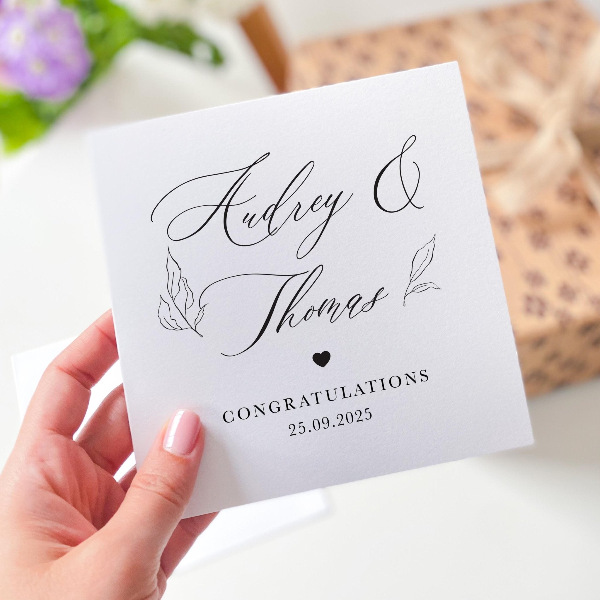 Personalised Wedding Congratulations Card – Elegant Custom Names and Date – Minimalist Engagement or Wedding Day Card – Couple Keepsake