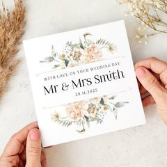 Personalised Wedding Day Card for a Couple with Last Name Elegant Floral Mr & Mrs Design Custom Congratulations Card for Bride Groom