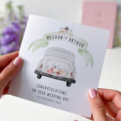 Personalised Wedding Day Card for Couples with Names Congratulations Card with Wedding Car Illustration Bride & Groom