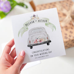 Personalised Wedding Day Card for Couples with Names Congratulations Card with Wedding Car Illustration Bride & Groom