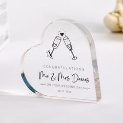 Personalised Wedding Gift Mr & Mrs Heart Acrylic Plaque with Names Romantic Keepsake for Bride and Groom or Newlyweds