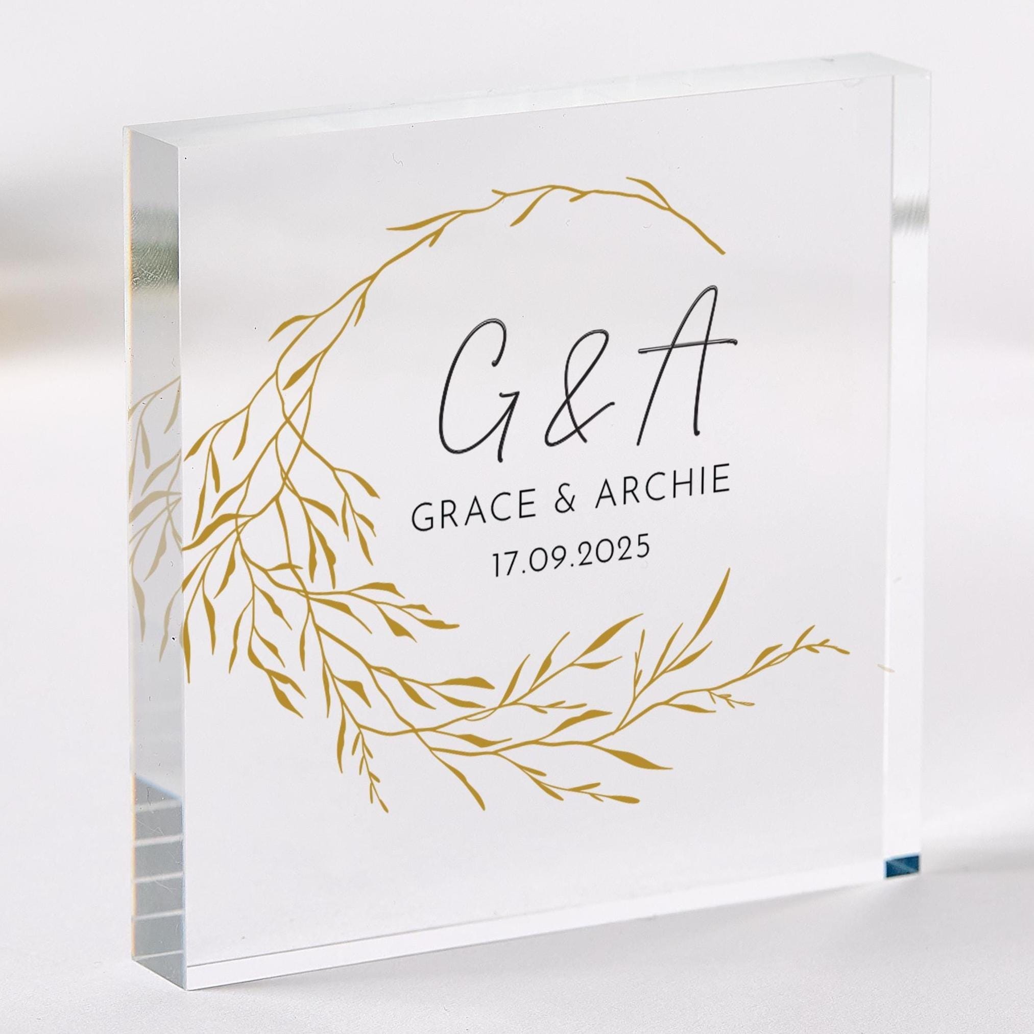 Personalised Wedding Initials Date Acrylic Plaque Engagement Elegant Botanical Design Couple or Newlyweds Bride Groom