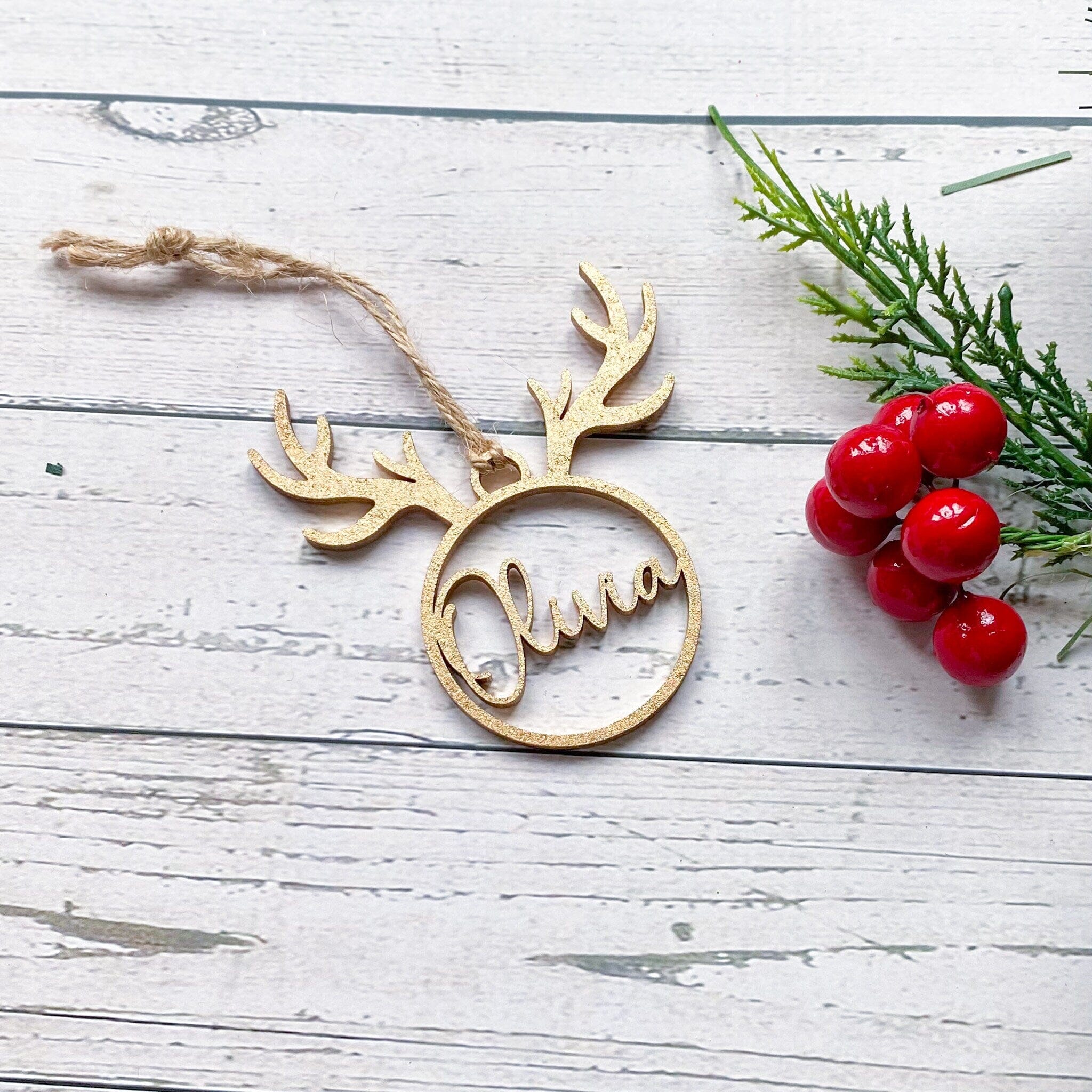 Personalised Wooden Christmas Ornament With Name Reindeer Christmas Decor Gold Silver Rose Gold Black Natural Colour
